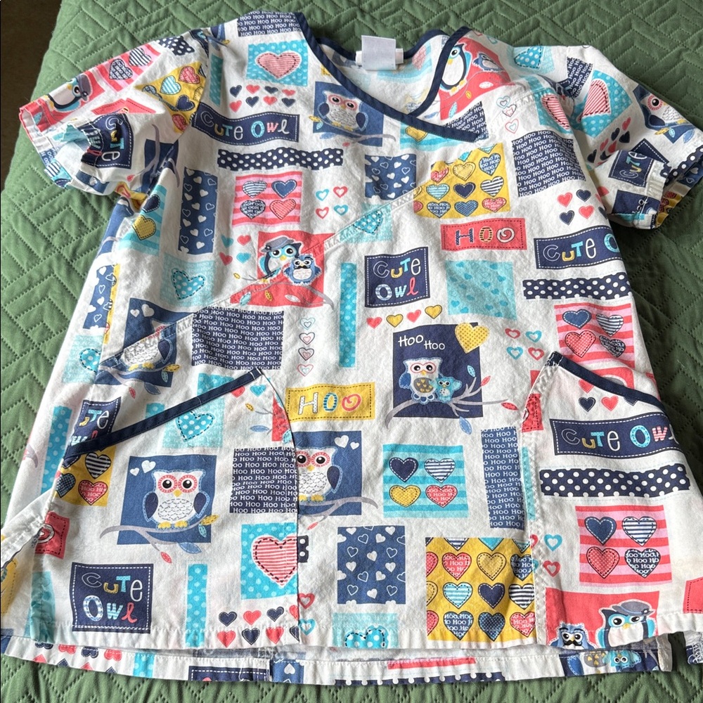 Cute Owl Print Scrub Top